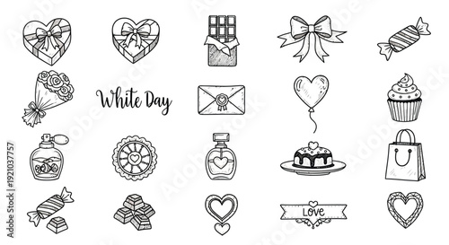 A collection of hand-drawn black and white icons representing gifts and symbols associated with White Day, including chocolates, flowers, and hearts.