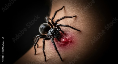 Venomous encounter: A close up of a black spider biting a human arm causing inflammation and pain