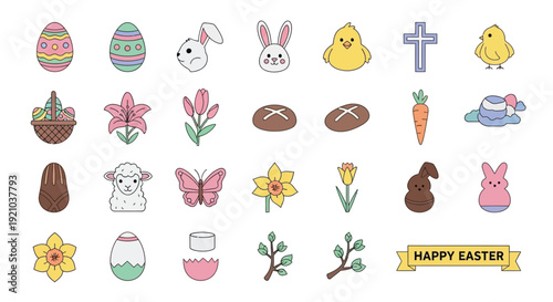 A collection of charming Easter-themed icons featuring eggs, bunnies, chicks, flowers, and religious symbols, perfect for holiday designs.