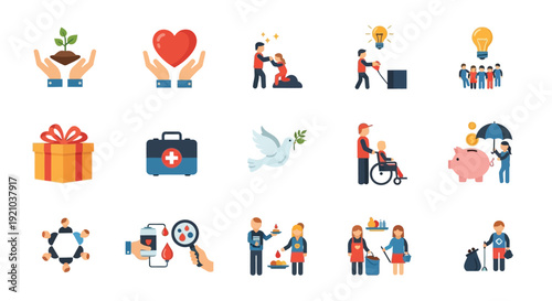 A collection of flat design icons representing various aspects of charity, community, and social responsibility, including healthcare, donations, and support.
