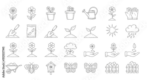 A collection of hand-drawn line art icons representing various elements of gardening and nature, including plants, tools, weather, and insects.