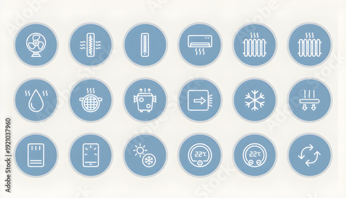 Comprehensive climate control and heating, ventilation, air conditioning system icons collection