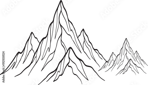 Outline illustration of majestic mountain peaks and rugged terrain