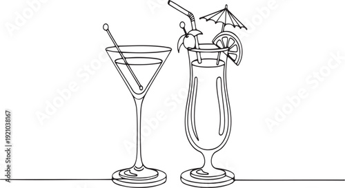 Outline illustration of two refreshing cocktails with garnish