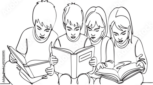 Four diverse children sitting together, engrossed in reading books, learning happily.