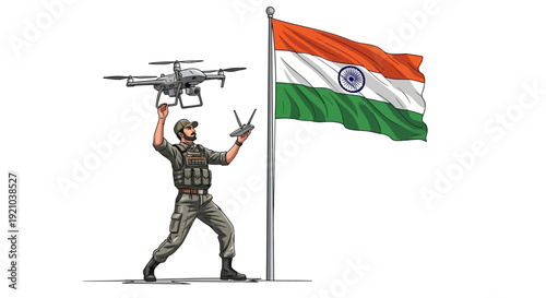 Illustration of an Indian soldier holding a drone next to the Indian flag on a white background with patriotic and military themes.