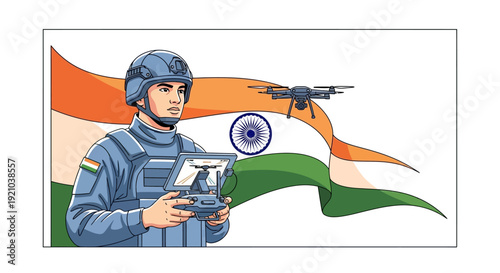 Illustration of an Indian soldier in blue uniform operating a drone controller with the Indian flag waving behind him.