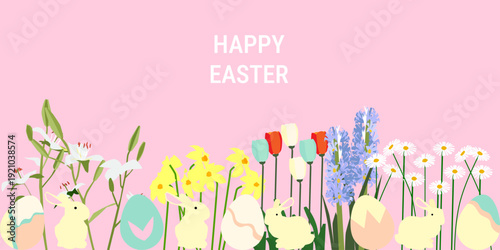 happy easter background with flower, rabbits and egg. spring, hyacinth, lily, daisy and tulip