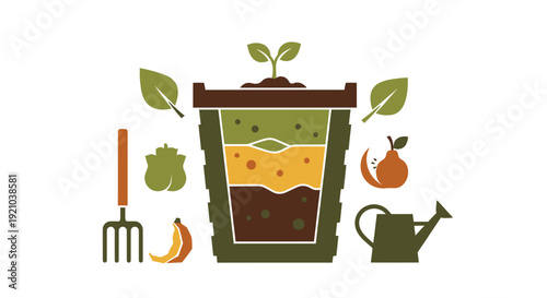 Compost Bin with Sprouting Seedlings and Gardening Tools.