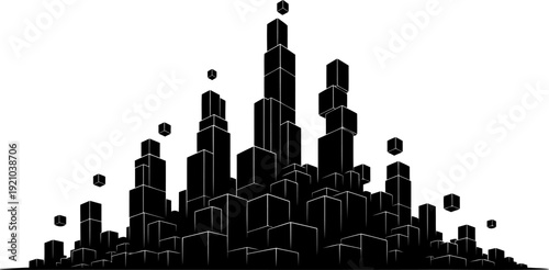 Abstract city silhouette composed of geometric cubes and data blocks