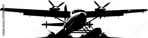 Amphibious seaplane taking off from water with splashes silhouette