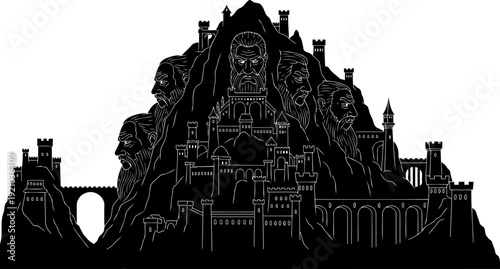 Ancient mountain fortress silhouette with carved bearded faces and castles