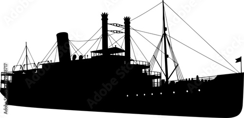 Antique steamship silhouette with smokestacks and paddle wheel