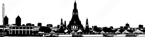 Bangkok city skyline silhouette featuring wat arun temple