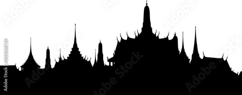 Bangkok city skyline silhouette featuring traditional thai temple architecture and spires