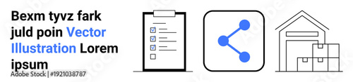 Logistics, task organization, data sharing, warehouse storage, supply chain, business operations. Checklist, network icon and warehouse graphic. Logistics and task organization visualization