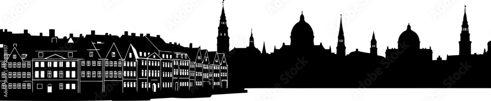 Obraz premium Copenhagen nyhavn waterfront skyline silhouette with historic houses