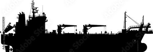 Commercial freight vessel silhouette with industrial deck cranes