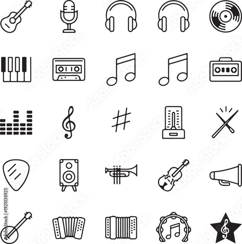 Musical Instrument and Audio Equipment Icons Collection, Line Art Symbols for Sound, Recording, and Performance, Featuring Guitar, Piano, Microphone, and Headphones.