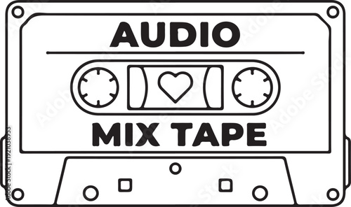 Retro Audio Cassette Tape Line Art Illustration - Vintage Mix Tape Icon with Heart Symbol for Music Nostalgia