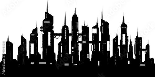 Cyberpunk city skyline silhouette with futuristic urban towers