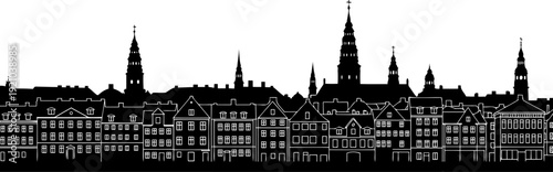 Copenhagen harbor skyline silhouette with traditional houses
