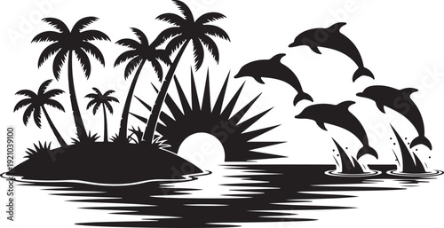 Tropical Island with Palm Trees, Sunset over Ocean Horizon, and Jumping Dolphins in the Waves for Summer Vacation and Travel Concept