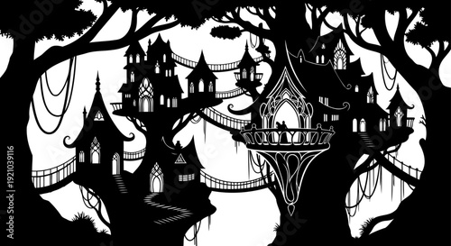 Fantasy village of treehouses connected by rope bridges silhouette