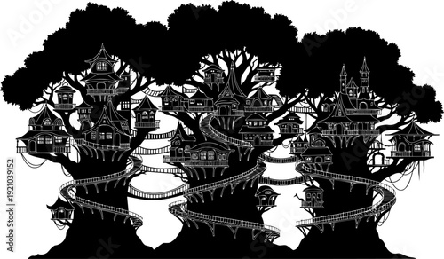 Fantasy treehouse village silhouette in a forest