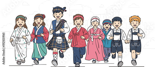 Group of eight anime characters standing in a line with unique outfits and accessories