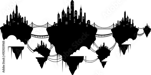 Floating city islands silhouette in a fantasy sky