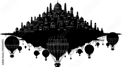 Floating fantasy city silhouette supported by hot air balloons