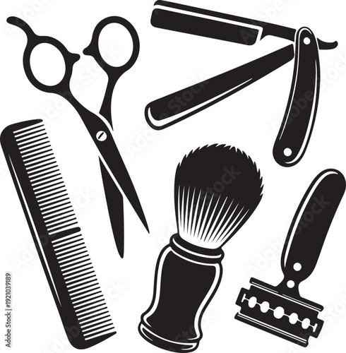 Barber tools graphic icon set. Scissors, straight razor, comb, shaving brush, blade signs isolated on white background. Barbershop symbols. Vector illustration