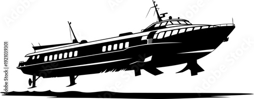 High speed hydrofoil boat silhouette cruising on the water surface