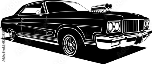 High-performance vintage dragster silhouette with hood-mounted supercharger