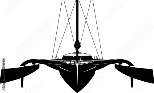 High-performance sailing trimaran yacht silhouette from a front perspective