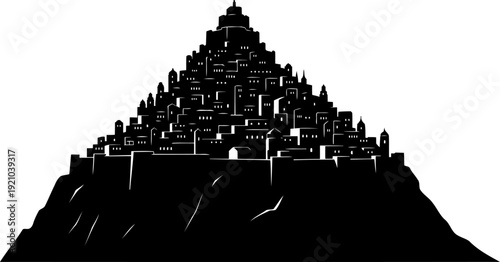 Hillside mediterranean village silhouette with dense architectural structures