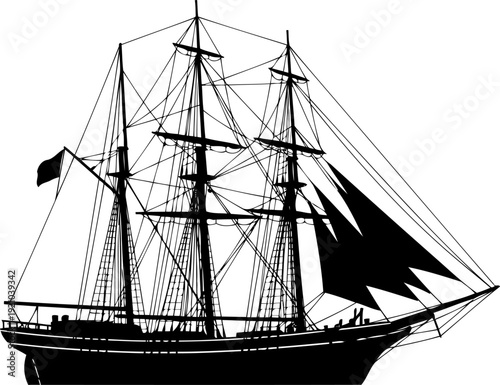 Historic three-masted tall ship silhouette with sails unfurled on the ocean