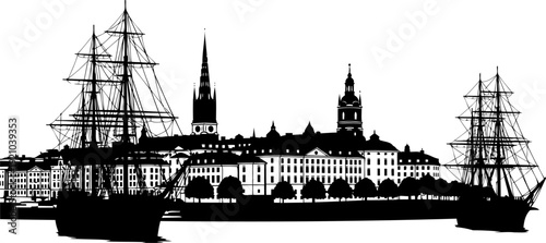 Historic waterfront city silhouette with vintage tall sailing ships