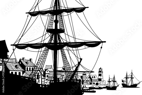Historical port silhouette with tall ship galleons and coastal village