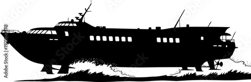 Hydrofoil passenger ferry silhouette speeding across the water surface