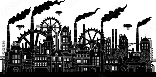 Industrial steampunk city silhouette with gears and smoking chimneys