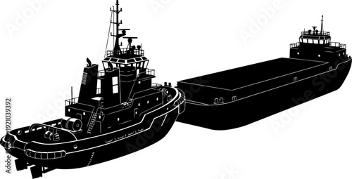 Industrial tugboat profile pushing cargo barge on water