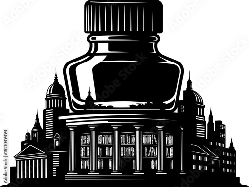 Inkwell bottle resting on classic library building silhouette