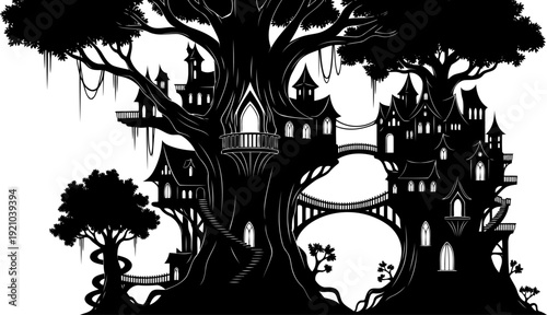 Intricate fantasy treehouse village silhouette with multiple dwellings