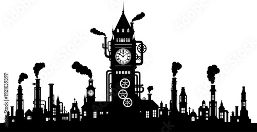 Industrial steampunk skyline featuring a large clock tower
