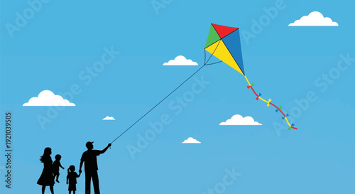 Family Flying Colorful Kite Together Outdoors.