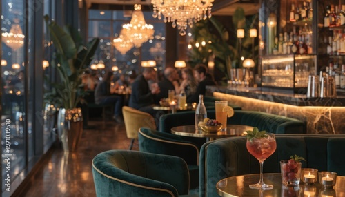 Cozy upscale bar lounge with chandeliers and cocktails