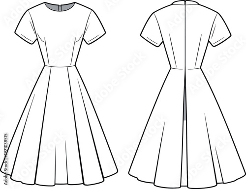 Elegant short sleeve fit and flare dress, flared hemline, minimal design, technical fashion sketch, cad drawing flat vector illustration