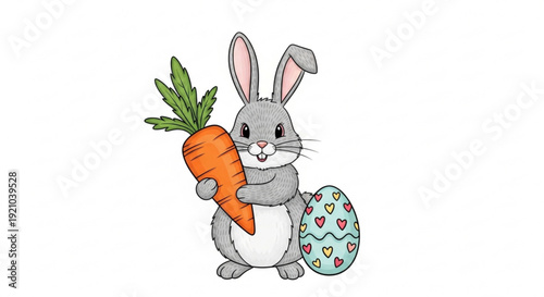Cute easter bunny holding a carrot with a decorated egg on a white background